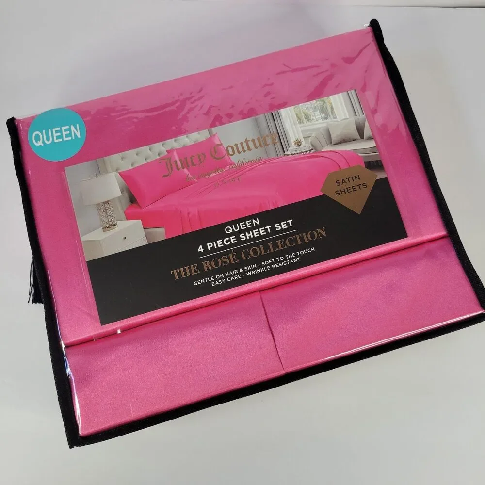 Juicy Couture Hot Pink Satin 4pc QUEEN Sheets Set Easy Care Sleek Smooth Fuchsia